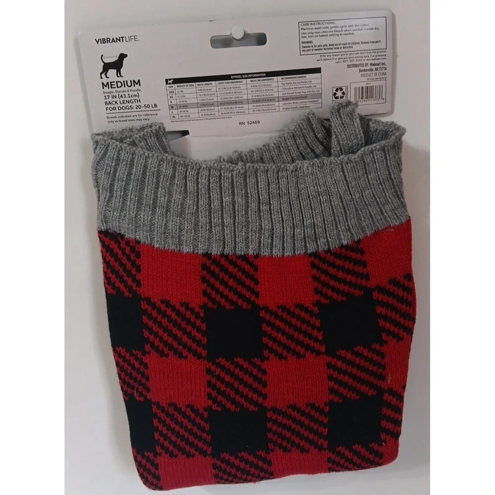 Pet Sweater Lumberjack Plaid M Dog Cat 17 Inch Back Length Vibrant‎ Life READ